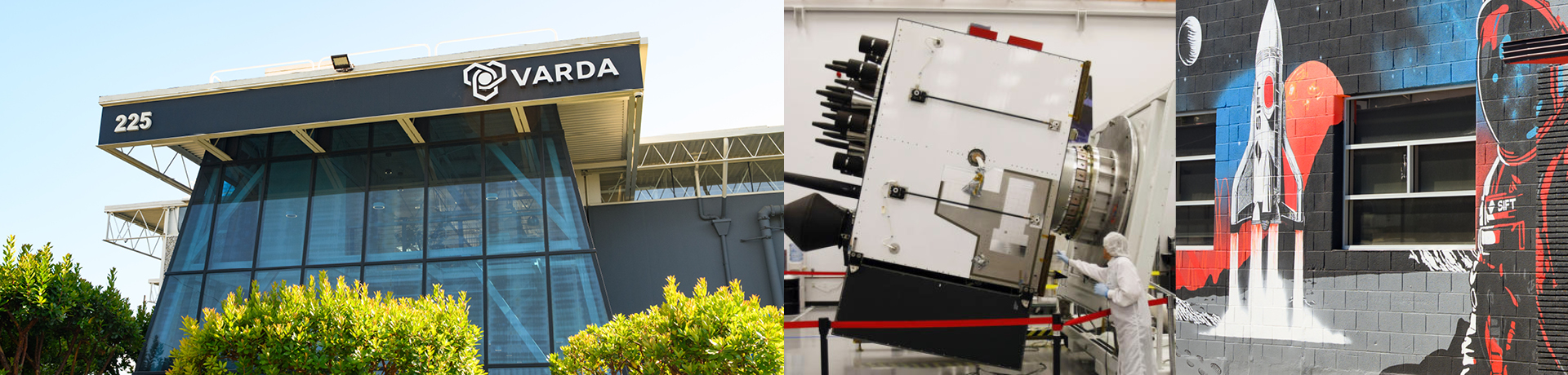collage showing Varda building, aerospace lab, and mural painting of space shuttle and astronaut