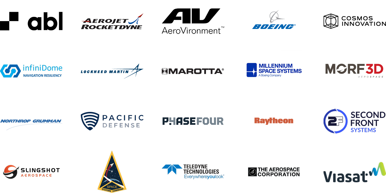 Aerospace brands in El Segundo: abl, Aerojet Rocketdyne, AeroVironment, Boeing, Cosmos Innovation, infiniDome, Lockheed Martin, Marotta, Millenium Space Systems, Morf3D, Northrop Grumman, Pacific Defense, PhaseFour, Raytheon, Second Front Systems, Slingshot Aerospace, Space Systems Command, Teledyne Technologies, The Aerospace Corporation, Viasat